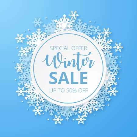 Winter Sale Background. Paper cut Snowfall. Vector illustrationのイラスト素材
