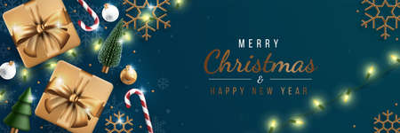 Merry Christmas banner with realistic christmas ornament. Xmas ball, tree, gift, snowflake and string light Vector illustration.のイラスト素材