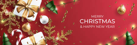 Merry Christmas banner with realistic christmas ornament. Xmas ball, tree, gift, sparkling snowflake and string light Vector illustration.のイラスト素材