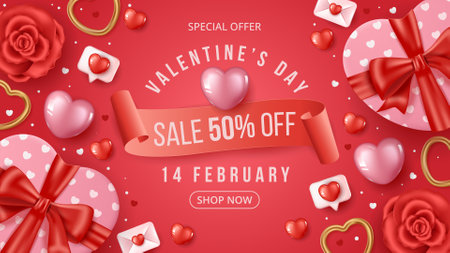 Valentine's day sale banner template with heart gift, flowers and heart elements. Vector Illustrationのイラスト素材