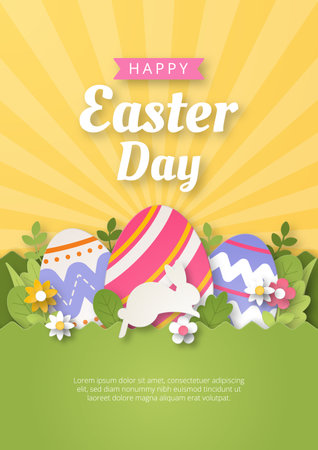 Happy Easter Greeting Card with Eggs and Bunny. Vector Illustrationのイラスト素材