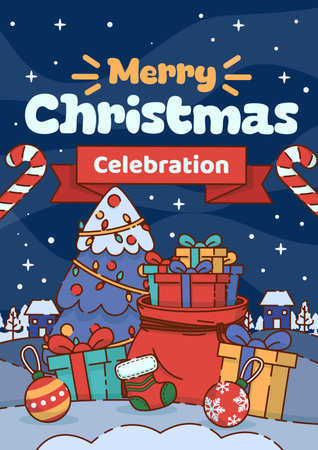 Merry Christmas Celebration Poster with a Pile of Gifts and a Christmas Tree in a Snowy Scene. Vector Illustrationのイラスト素材