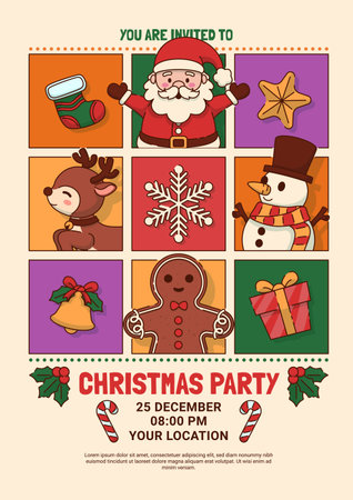 Christmas Party Invitation Poster with Santa, Snowman, and Christmas House. Vector Illustrationのイラスト素材