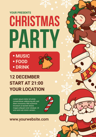 Christmas Party Invitation Poster with Santa Claus, Reindeer, and Snowman. Vector Illustrationのイラスト素材
