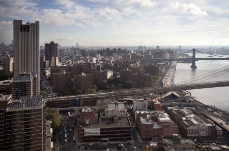 view og manhattan and brooklyn bridge shot from a high vantage pointのeditorial素材