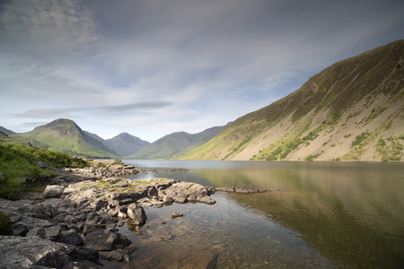 beautiful view of wastwater lake in the lake district, cumbria, england on sunny dayの写真素材