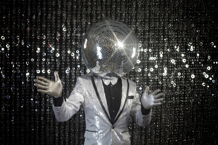 mr discoball. a super cool disco club character enjoying some summer sunshine