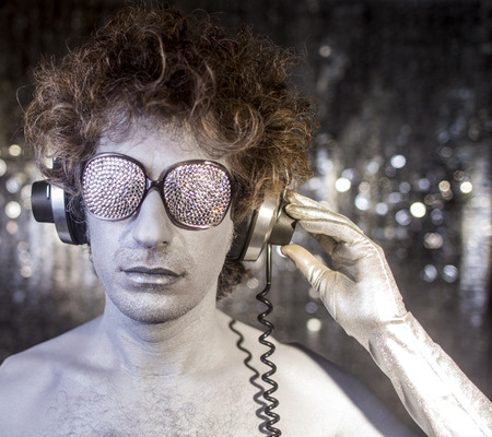 a cool silver club character listening to music in a disco setting