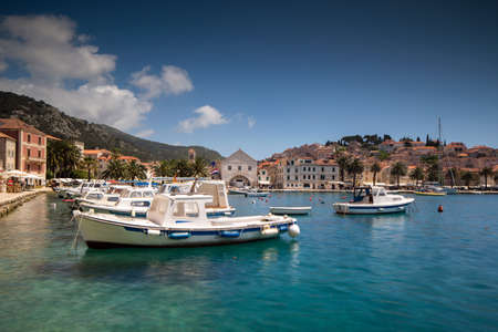 the beautiful harbour of Hvar town, the chic main town on the island of Hvar, croatiaのeditorial素材