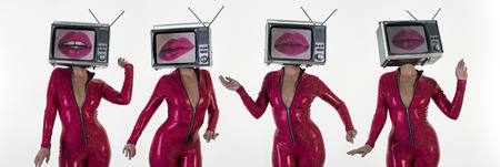 sequence of amazing woman dancing and posing with a television as a head. the tv has an image of...