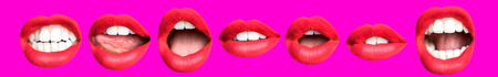 sequence of different images of woman's beautiful full red lipsの写真素材