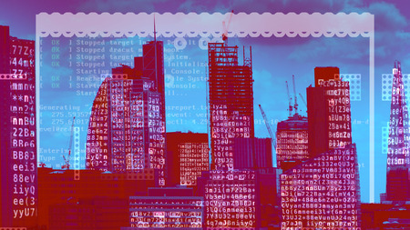 london city skyline with data and computer programming information mapped onto the building facades