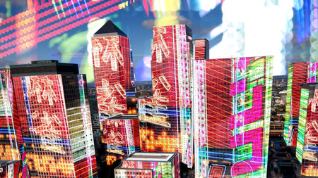 london docklands with neon display images mapped onto each building faceの写真素材