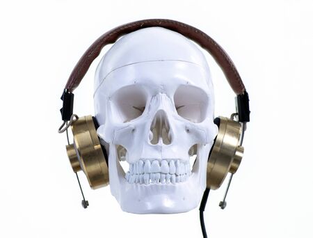 skull wearing headphones against whiteの写真素材