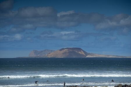 the sea and coast at Famara beach, Lanzarote.の写真素材