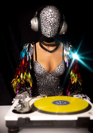 Disco woman with headphones Djing