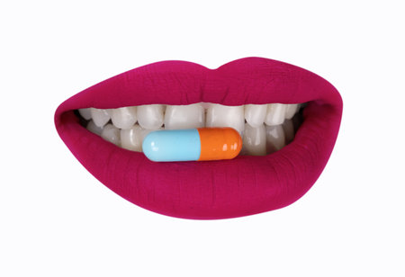 Cutout of womans lips with pillsの写真素材
