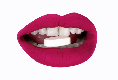 Cutout of womans lips with pillsの写真素材