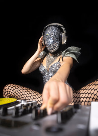 Masked female dj with turntablesの写真素材