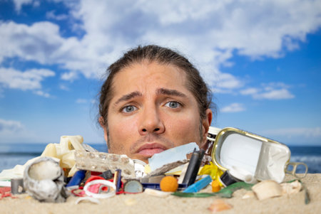 Man buried in sand on beach with rubbishの写真素材