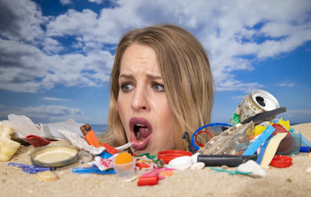Woman buried in sand on beach with rubbish