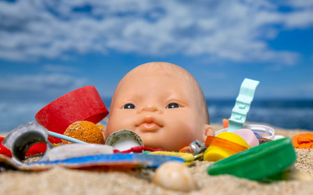 A doll head with trash on beachの写真素材