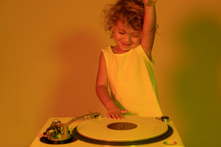 Small girl DJ with turntablesの写真素材