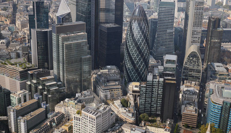 london city skyline from a helicopter