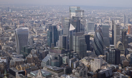 london city skyline from a helicopterの写真素材
