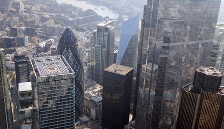 london city skyline from a helicopterの写真素材
