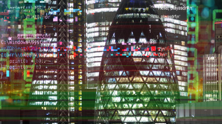 london skyline with computer code and dataの写真素材
