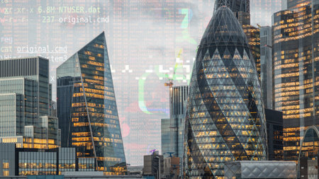 london skyline with computer code and dataの写真素材