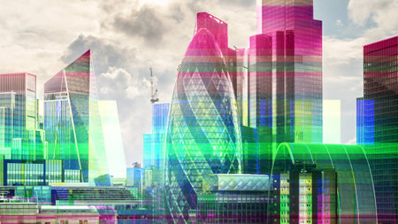 london skyline with computer code and dataの写真素材