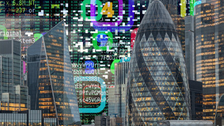 london skyline with computer code and dataの写真素材