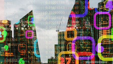 london skyline with computer code and dataの写真素材