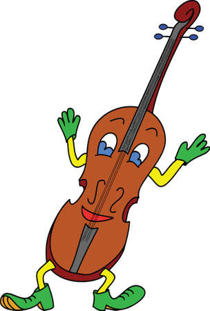 Funny violin cartoon illustration with hands and green gloves, legs in green boots, eyes and smileのイラスト素材