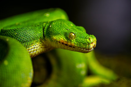 Green Tree Python. Close-up detail of snakes headの写真素材