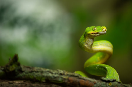 Green Tree Python snake standing at attention above a branch in the jungleの写真素材