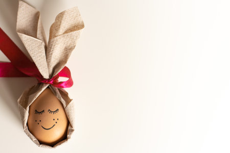 Creative easter egg with a cute face painted on a light background. Happy Easter concept. Top view, mockup, template, copy spaceの写真素材
