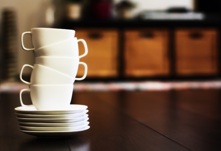 white tea or coffee cups, soft focusの写真素材