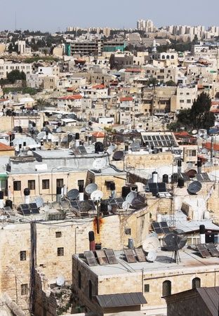 Old City of Jerusalem  Muslim Quarter, West Bank  Top veiw  In the background - a new city and a dormitory of the Hebrew University in Jerusalem のeditorial素材