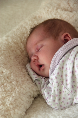 monthly baby sleeps on a white blanketの写真素材