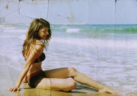 young girl at the sea  Photo in old color image style の写真素材