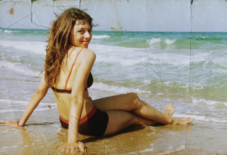 young girl at the sea  Photo in old color image style の写真素材