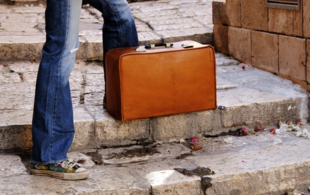 beautiful girl with vintage suitcase
