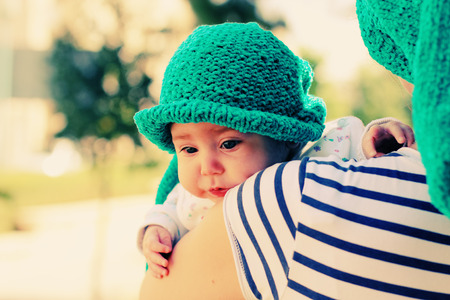 Portrait 3 month old baby outdoorsの写真素材