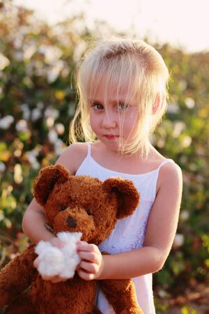 5 years old girl standing in the cotton fieldの写真素材