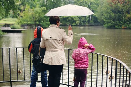 grandmother walking with kids in the rainy dayの写真素材