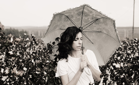 beautiful woman holding umbrella and standing in cotton fieldの写真素材