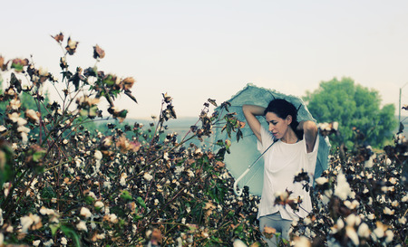 beautiful woman holding umbrella and standing in cotton fieldの写真素材